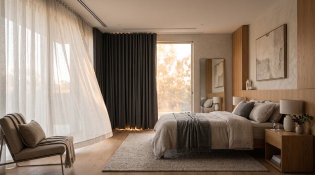 Lindo quarto com cortina em blackout da Meridiano Cortinas